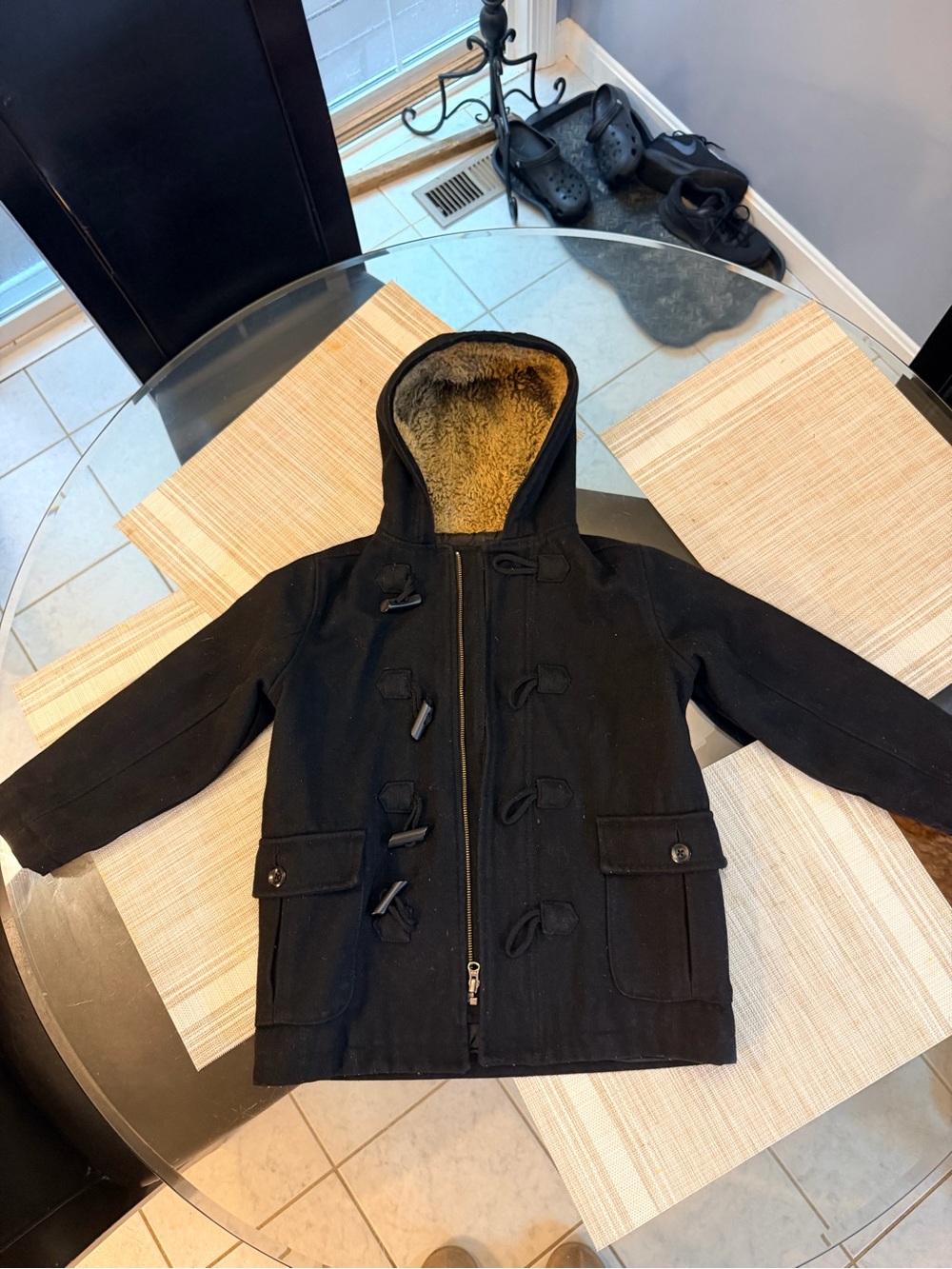 Old Navy Black Kids 6-7 Hooded toggle Pea Coat jacket with Faux Shearling